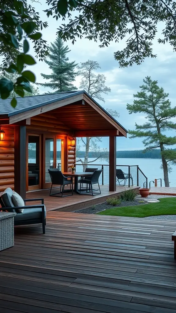A contemporary cabin with a large wooden deck overlooking a lake, surrounded by trees.
