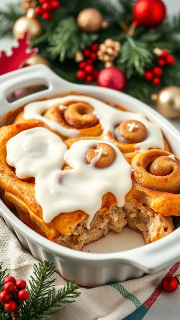 A delicious cinnamon roll casserole topped with icing, surrounded by festive holiday decorations.