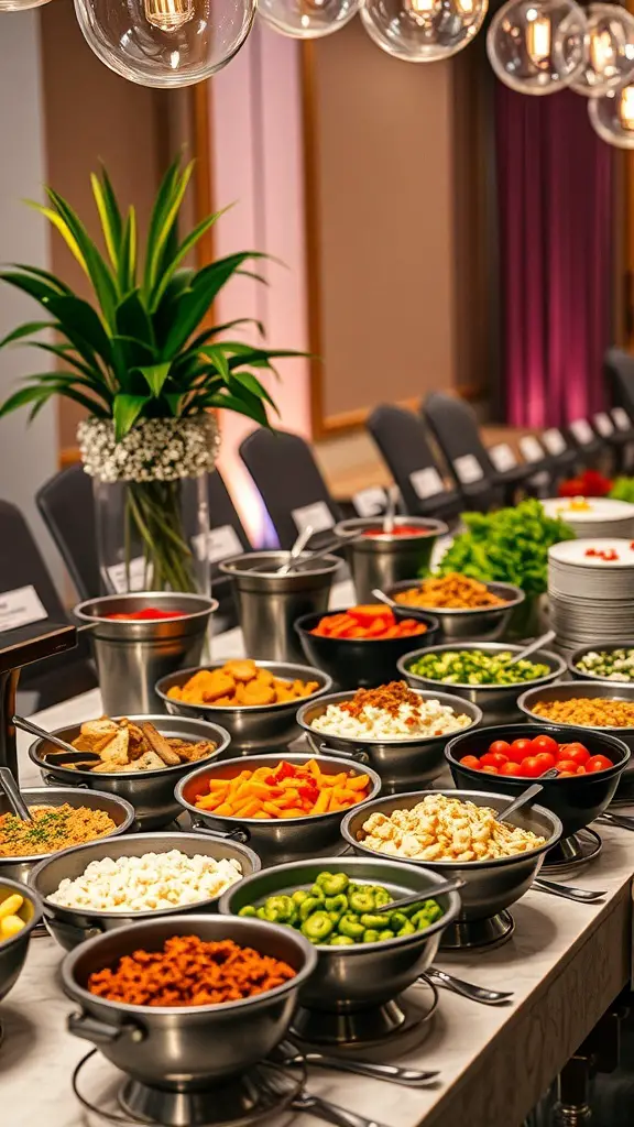 27+ Stunning Christmas Buffet Table Decor Ideas 14 A beautifully arranged buffet table with various bowls of colorful ingredients for a Christmas buffet.