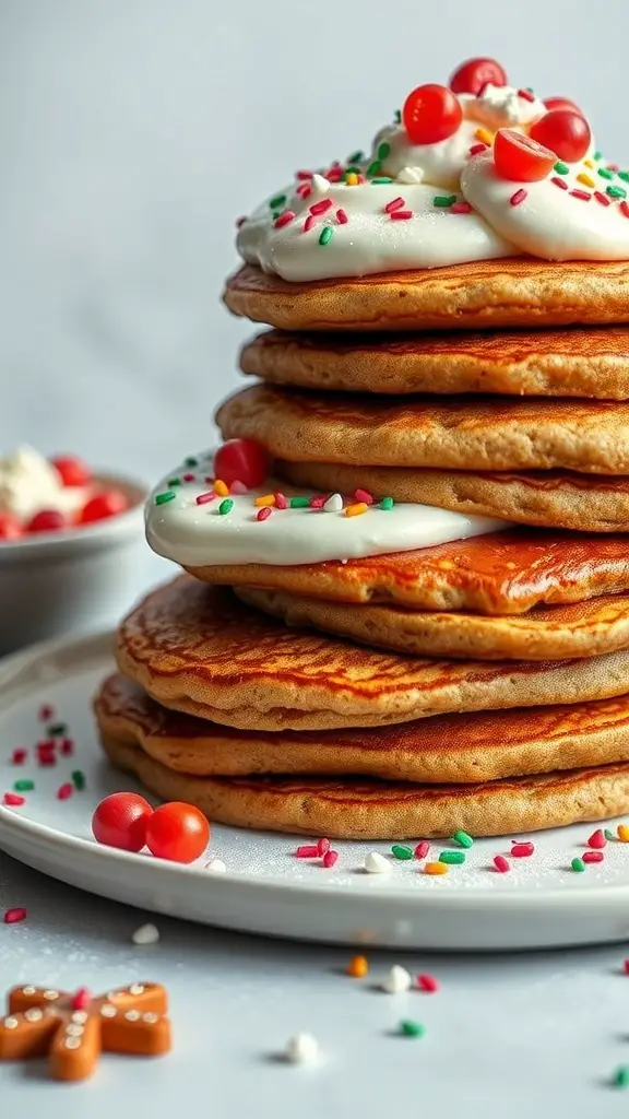A stack of gingerbread pancakes topped with cream cheese frosting, sprinkles, and candy.