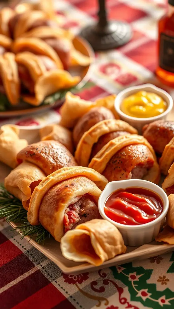 A platter of pigs in a blanket served with ketchup and mustard