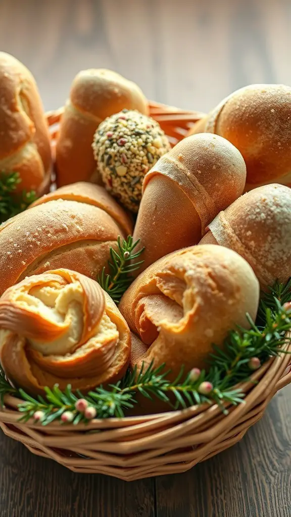 25+ Stunning Christmas Food Table Displays for Your Holiday Feast 15 A basket filled with various types of bread, decorated with greenery for a Christmas display.