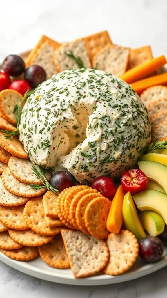 A herbed cheese ball surrounded by crackers and fresh fruits on a platter.