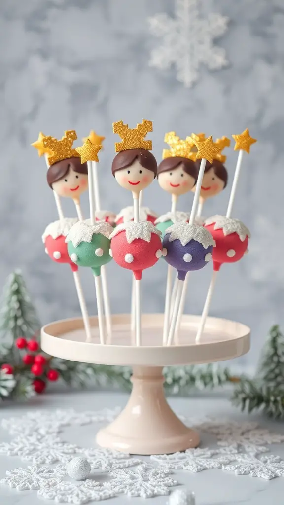 23+ Delightful Christmas Sweet Ideas You Must Try This Holiday Season 2 Colorful cake pops with smiling faces and crowns on a cake stand