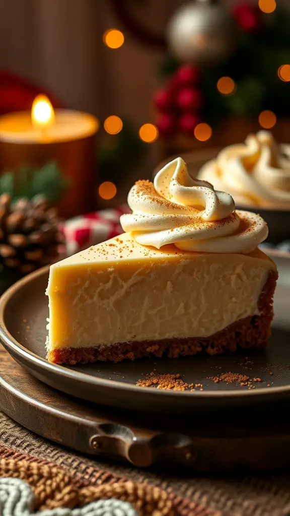 Slice of rich eggnog cheesecake on a rustic plate with whipped cream and nutmeg, surrounded by holiday decorations.