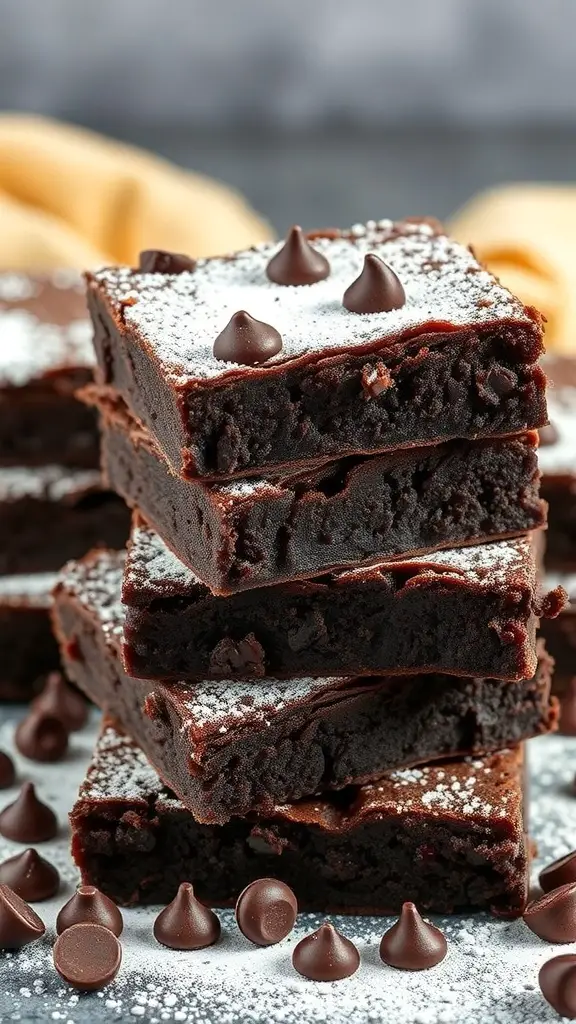 25+ Irresistible Chocolate Desserts You Must Try 2 A stack of rich chocolate brownies topped with chocolate chips and powdered sugar.