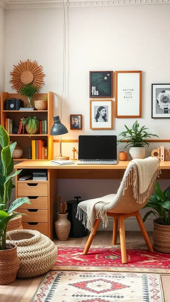 23+ Boho Office Decor Ideas for a Stylish Workspace 6 A cozy boho office setup featuring a wooden desk, a comfortable chair with a throw, plants, and decorative wall art.