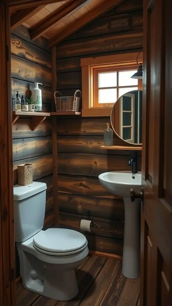 A rustic shed bathroom featuring wooden walls, a white toilet, a sink, and natural light from a window.