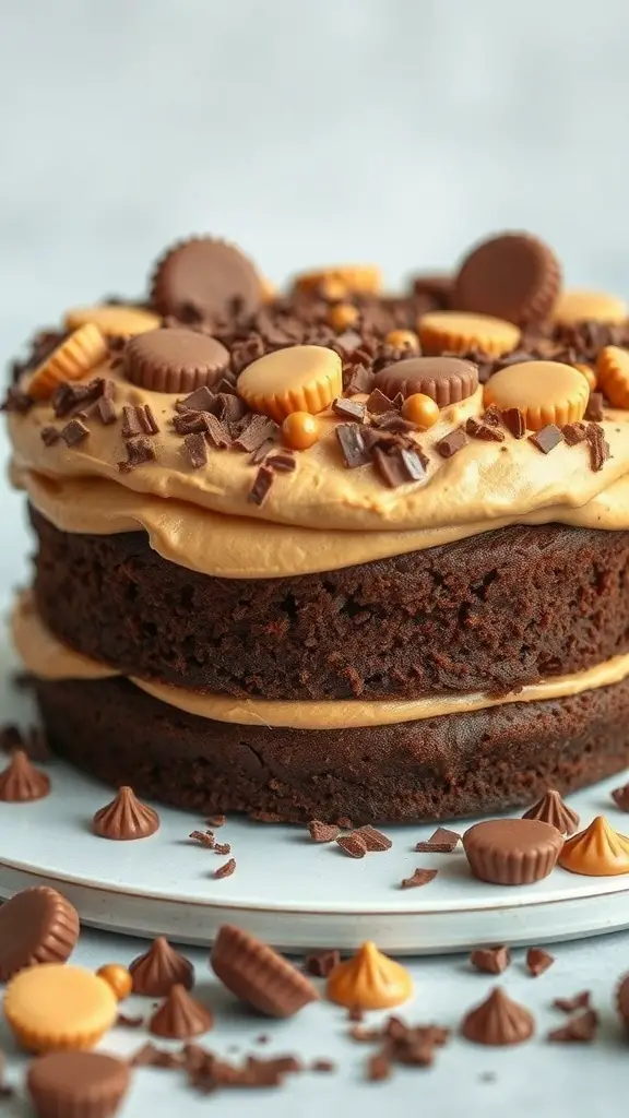 A rich chocolate cake layered with peanut butter frosting and topped with chocolate shavings and mini peanut butter cups.