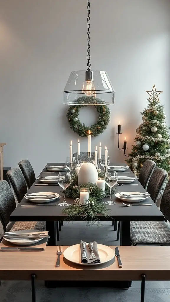 A modern minimalist Christmas dinner table with greenery, candles, and simple decor.