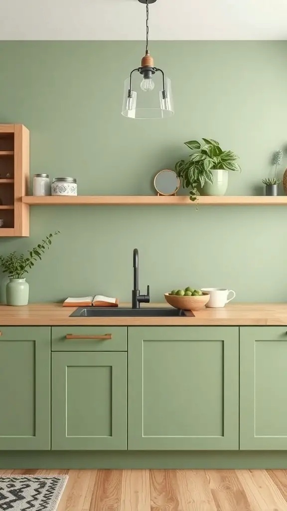 A modern kitchen featuring sage green walls, wooden countertops, and plants on shelves.