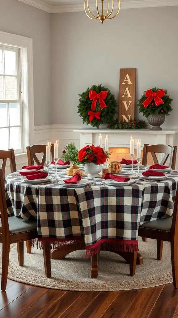 27+ Stunning Christmas Table Settings for Round Tables 2 Christmas table setting with red and green accents featuring a plaid tablecloth, red napkins, and a floral centerpiece.