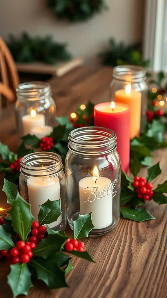 29+ Rustic Christmas Table Décor Ideas for a Cozy Holiday Celebration 2 Mason jar candle holders with candles and holly on a rustic table