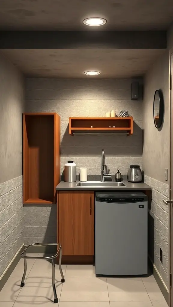A compact basement kitchenette with a sink, small fridge, and shelves.