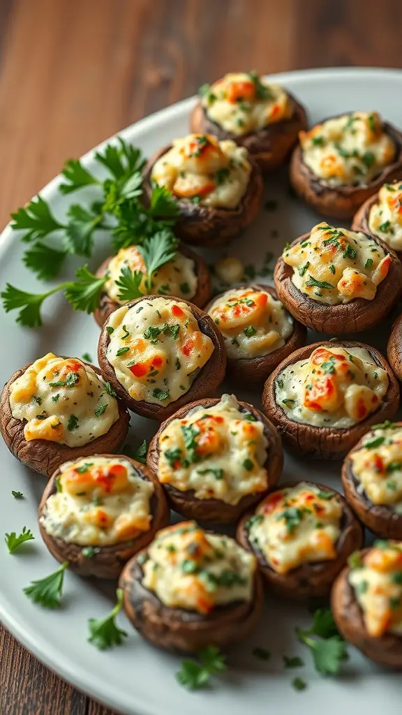 A platter of savory stuffed mushrooms topped with creamy filling and garnished with parsley.