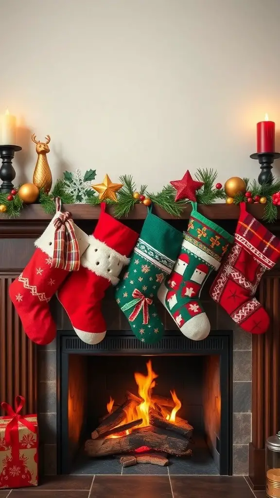 Oversized Christmas stockings hanging by a fireplace, decorated with festive ornaments and a warm fire burning below.