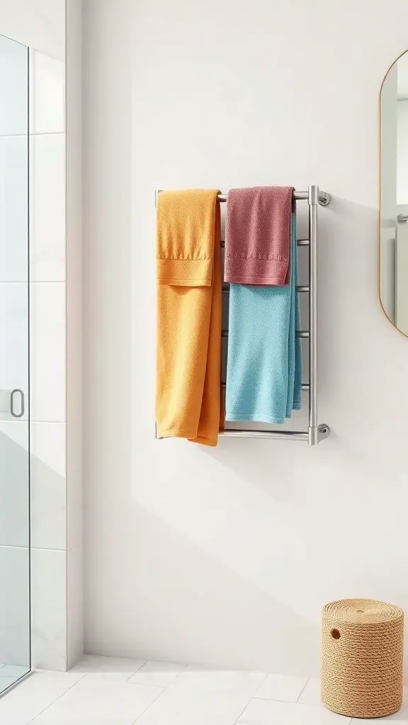 Wall-mounted towel rack with orange and blue towels