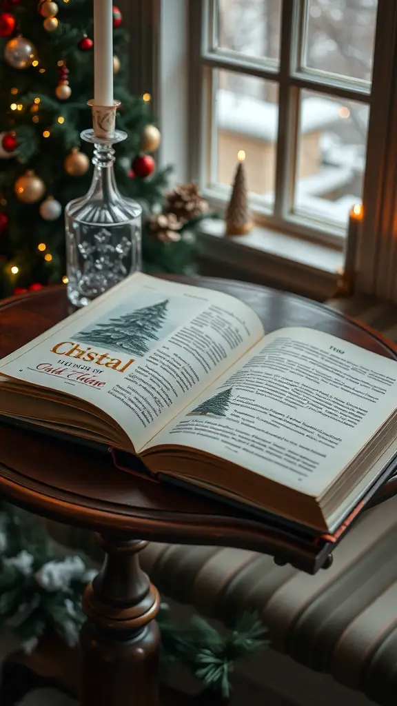 An open book featuring a crystal Christmas tree design, with a decorated tree in the background.