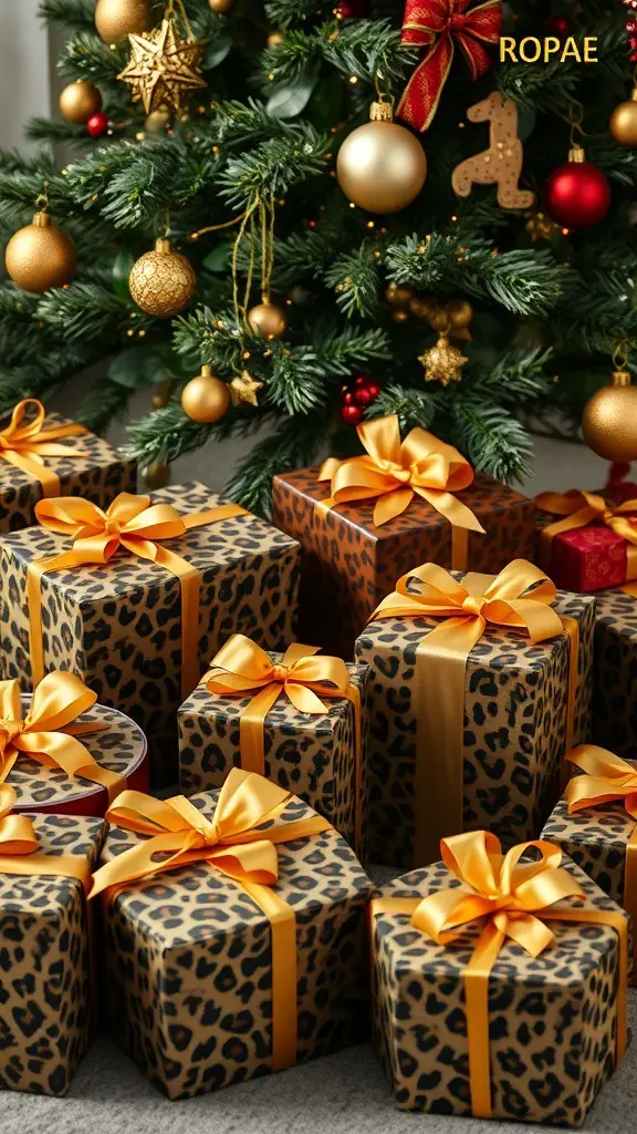 29+ Stunning Leopard Christmas Decor Ideas to Elevate Your Holiday Style 9 A collection of beautifully wrapped gifts in leopard print with gold ribbons, placed under a Christmas tree.