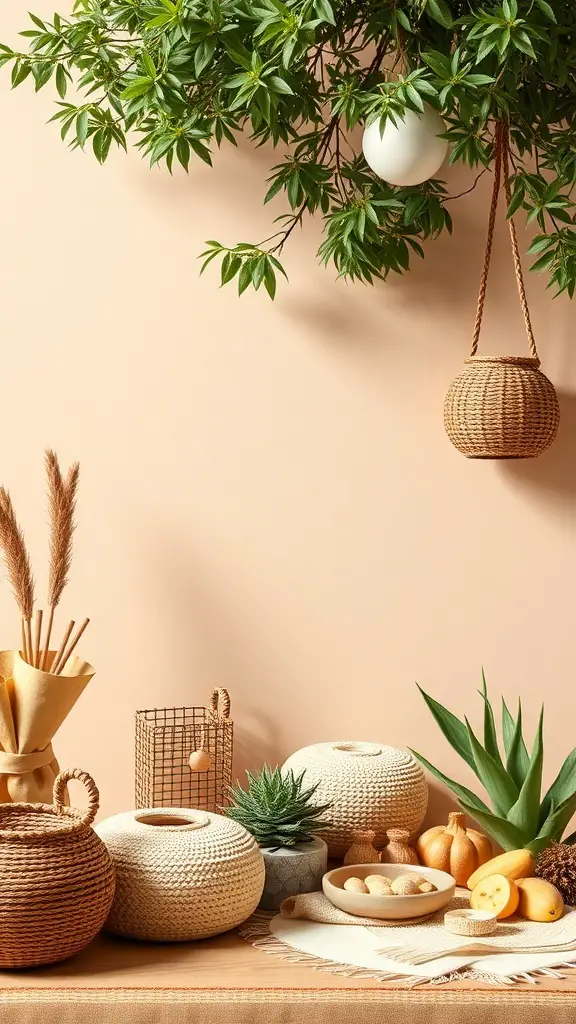 23+ Unique Boho Baby Shower Ideas You’ll Love 9 A serene arrangement featuring earthy colors, woven baskets, and greenery, perfect for a boho baby shower.