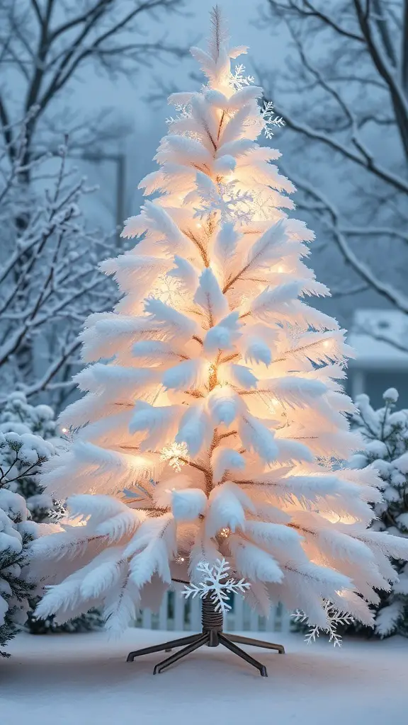 27+ Stunning Pearl Christmas Tree Decorations for a Glamorous Holiday Look 2 A snowy white Christmas tree with pearl highlights and warm lights glowing softly in a winter landscape.