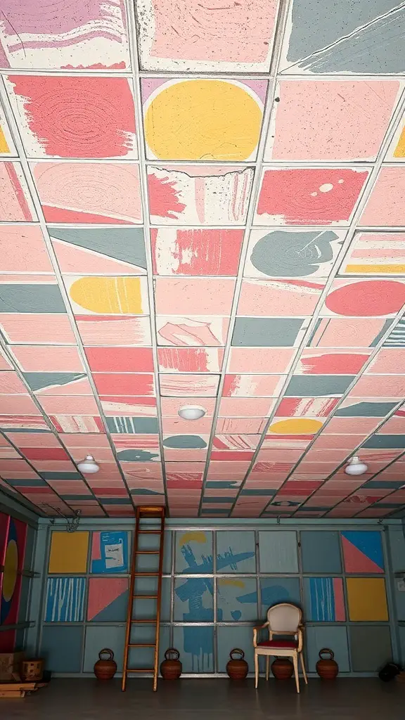 Colorful painted ceiling grid with various patterns in a basement