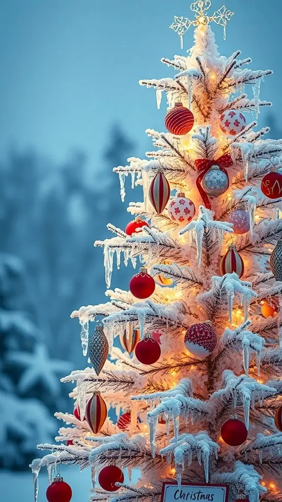 25+ Stunning Icicle Christmas Tree Ideas to Transform Your Holiday Decor 2 A beautifully decorated icicle Christmas tree with red and silver ornaments, illuminated by lights, set against a snowy background.