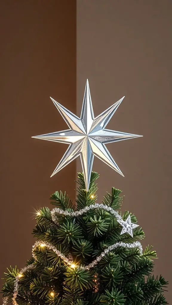 A silver star tree topper on a Christmas tree, adorned with silver garland and lights.