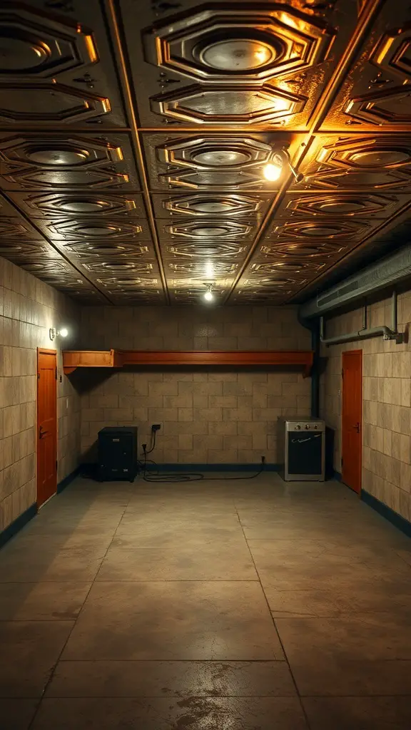 A basement with tin ceiling panels and warm lighting