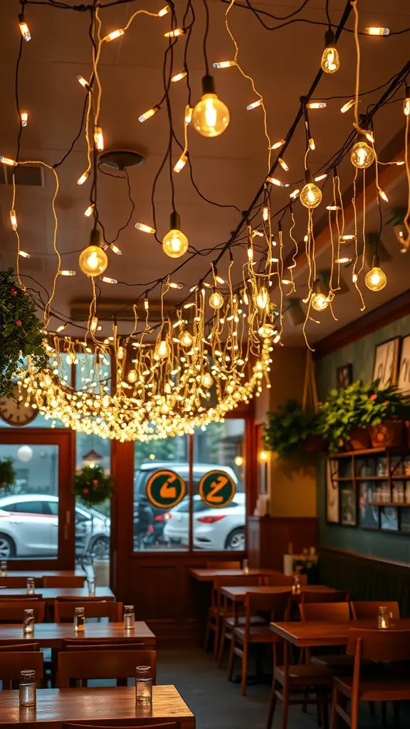 25+ Festive Cafe Christmas Decoration Ideas 6 Cafe interior decorated with whimsical string lights