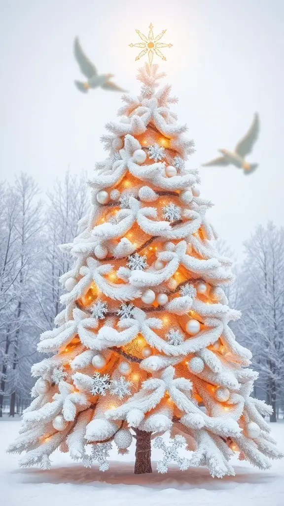 A snow-covered Christmas tree decorated with white and silver ornaments, glowing warmly in a snowy landscape.