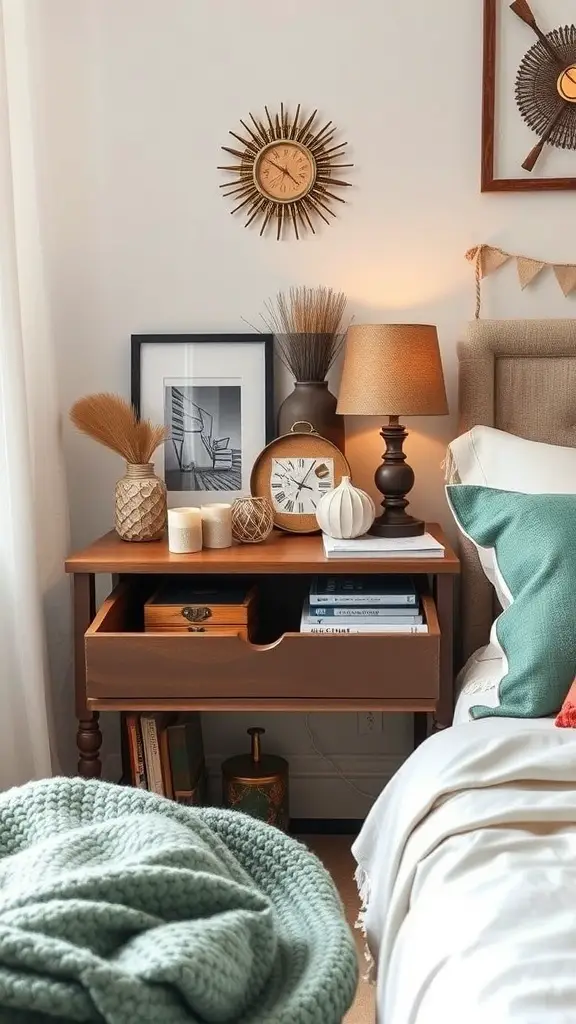 27+ Creative Bedside Table Ideas to Transform Your Bedroom 15 A cozy bedside table featuring a mix of decor items, including a lamp, clock, and decorative vases, alongside a knitted blanket.