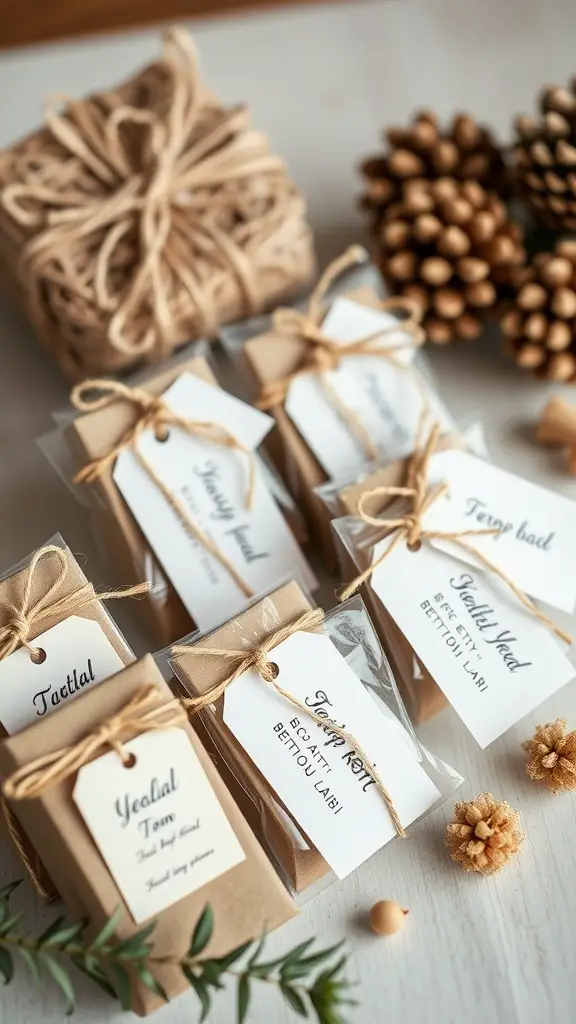 23+ Unique Boho Baby Shower Ideas You’ll Love 15 Handmade party favors wrapped in brown paper with twine and tags, showcasing a personal touch.