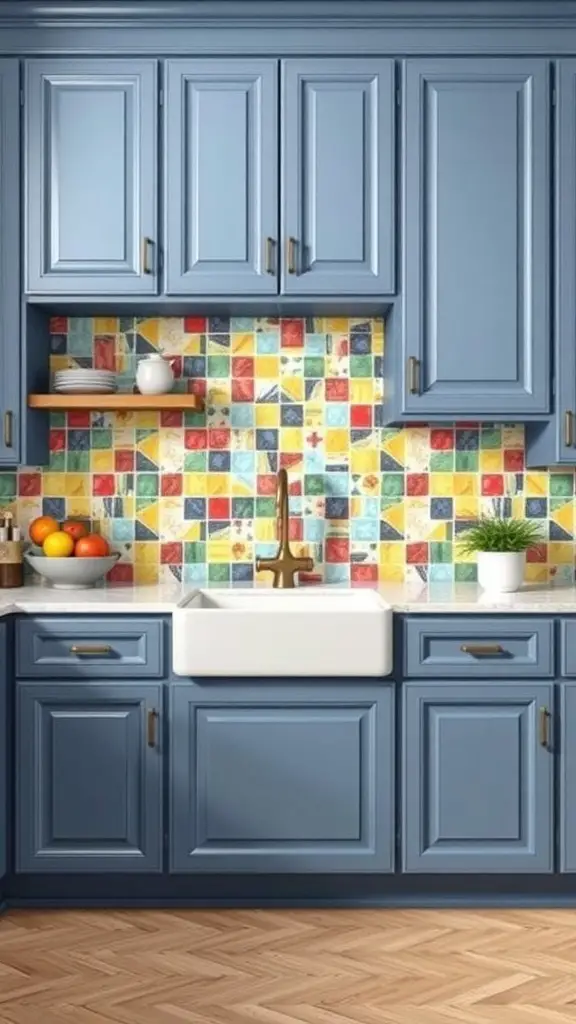 29+ Stunning Blue Gray Kitchen Cabinets to Transform Your Space 8 A kitchen featuring blue gray cabinets and a colorful tiled backsplash.
