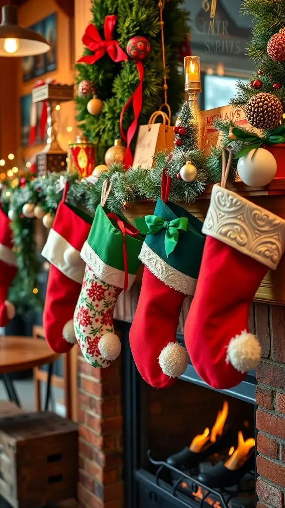 25+ Festive Cafe Christmas Decoration Ideas 7 Colorful Christmas stockings hanging by a fireplace decorated with festive garlands and ornaments.