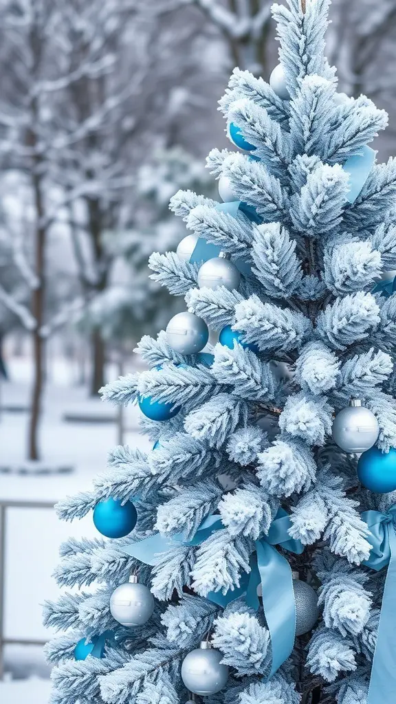 Frosted Christmas tree with silver and blue ornaments and ribbons