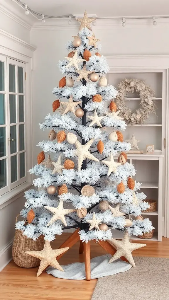 A flocked Christmas tree decorated with starfish, woven ornaments, and warm-toned accents.
