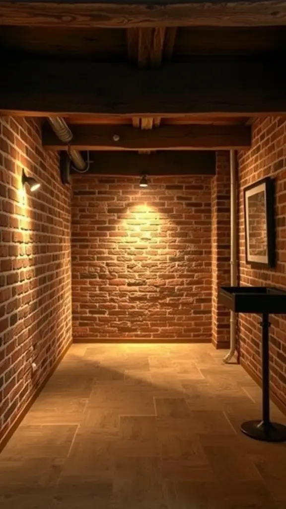 Cozy basement with rustic wood beams and exposed brick walls