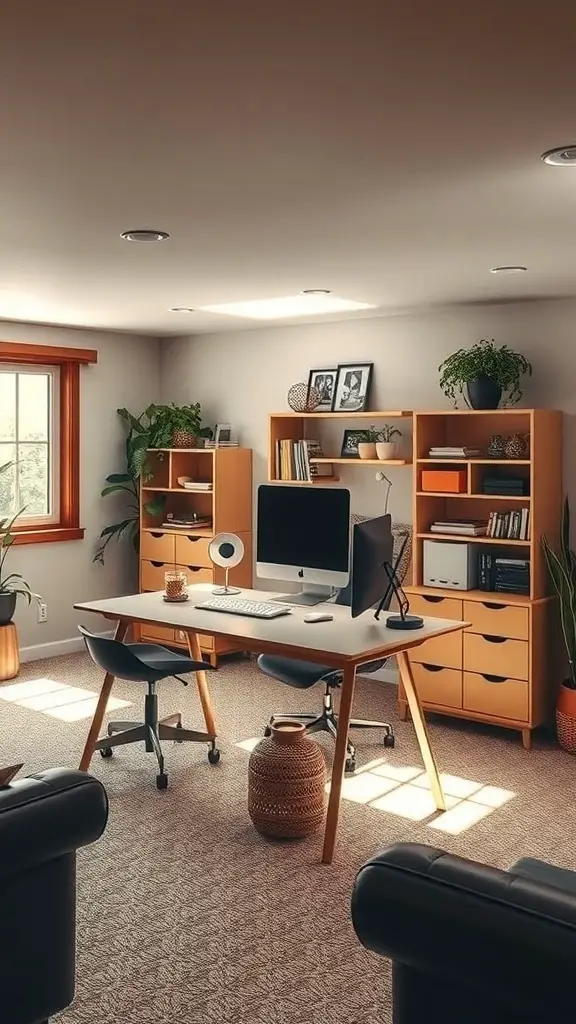 31+ Inspiring Ideas for Your Basement Family Room Makeover 16 A bright basement office space with a desk, computer, and plants, creating a cozy work environment.