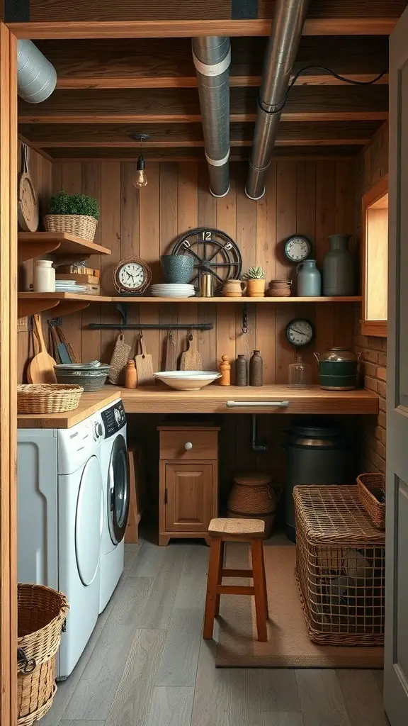 A rustic farmhouse style basement laundry room with wooden walls, shelves, and a washer and dryer.