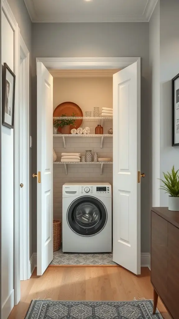 27+ Creative Mini Laundry Room Ideas to Maximize Your Space 2 A compact laundry area behind double doors with a washing machine and organized shelves.