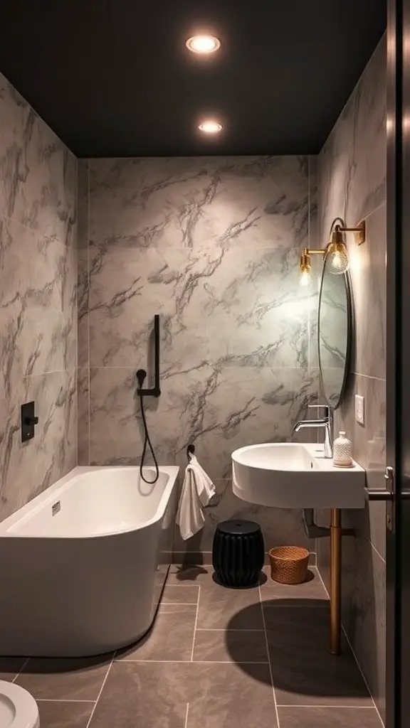 29+ Inspiring Basement House Ideas for Your Next Home Project 2 Stylish basement bathroom featuring marble walls, a modern bathtub, and elegant lighting.