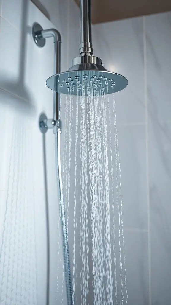 A modern water-saving showerhead with water flowing from it
