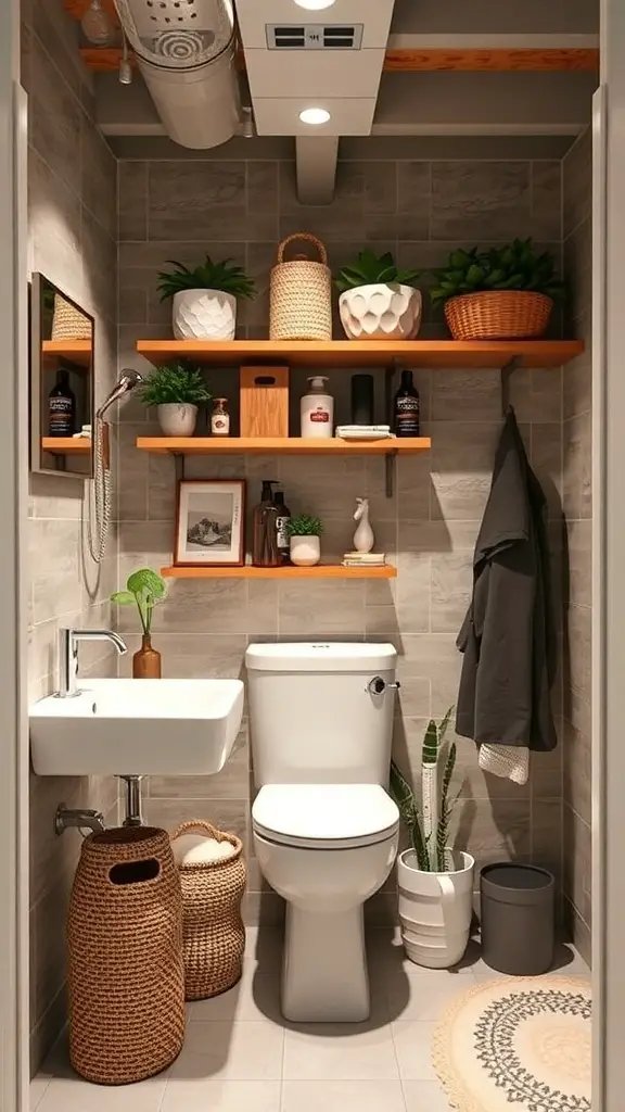 Compact basement bathroom with modern fixtures and decorative shelves