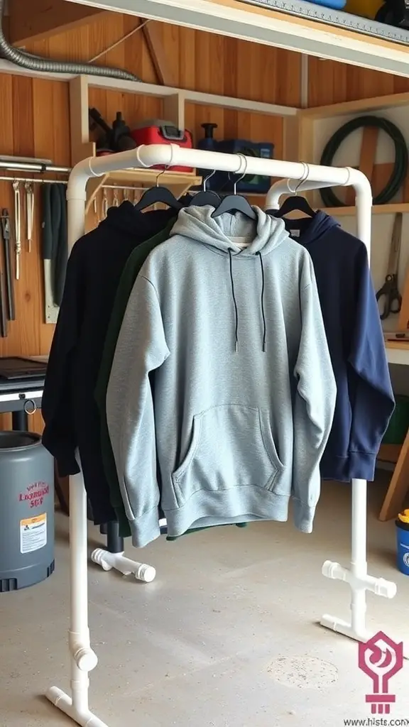 A DIY hoodie storage rack made from PVC pipes, displaying several hoodies in a garage.