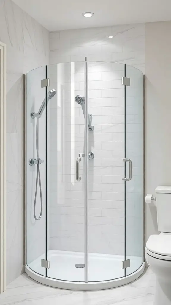 A compact corner shower with glass panels and modern fixtures.
