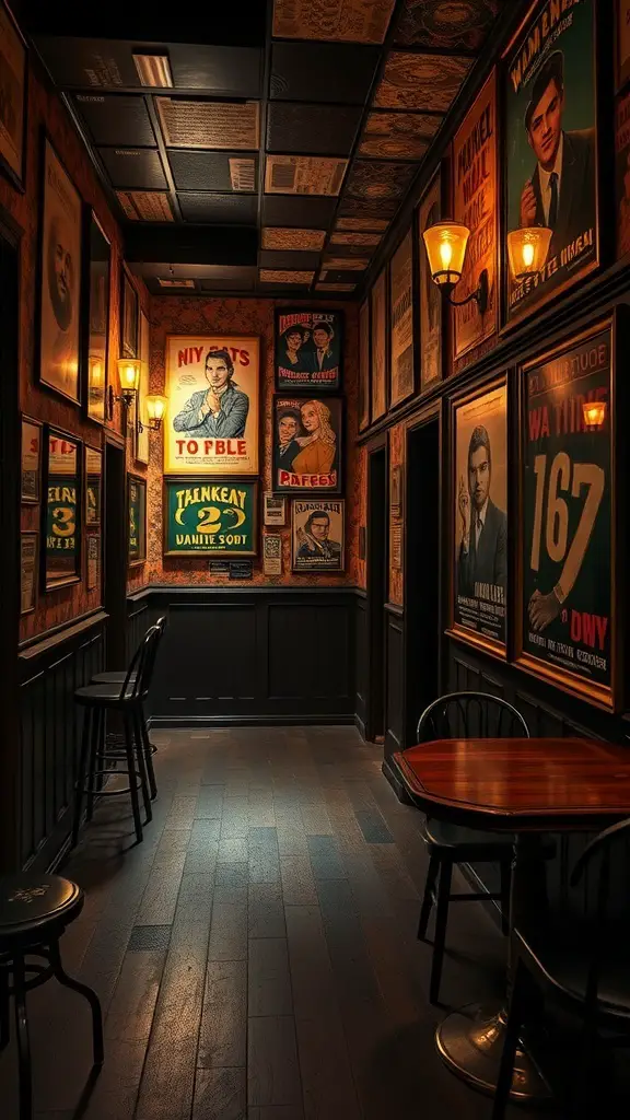 A narrow hallway with vintage wall art and warm lighting, creating a nostalgic atmosphere.