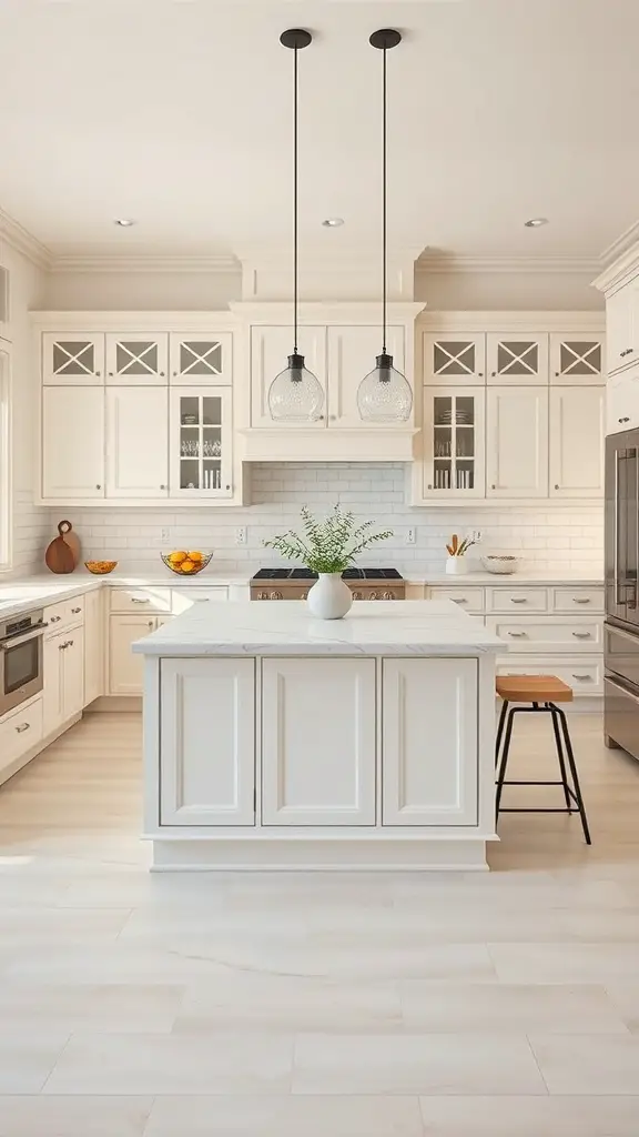 A modern kitchen featuring off white cabinets and a stylish kitchen island with pendant lighting.