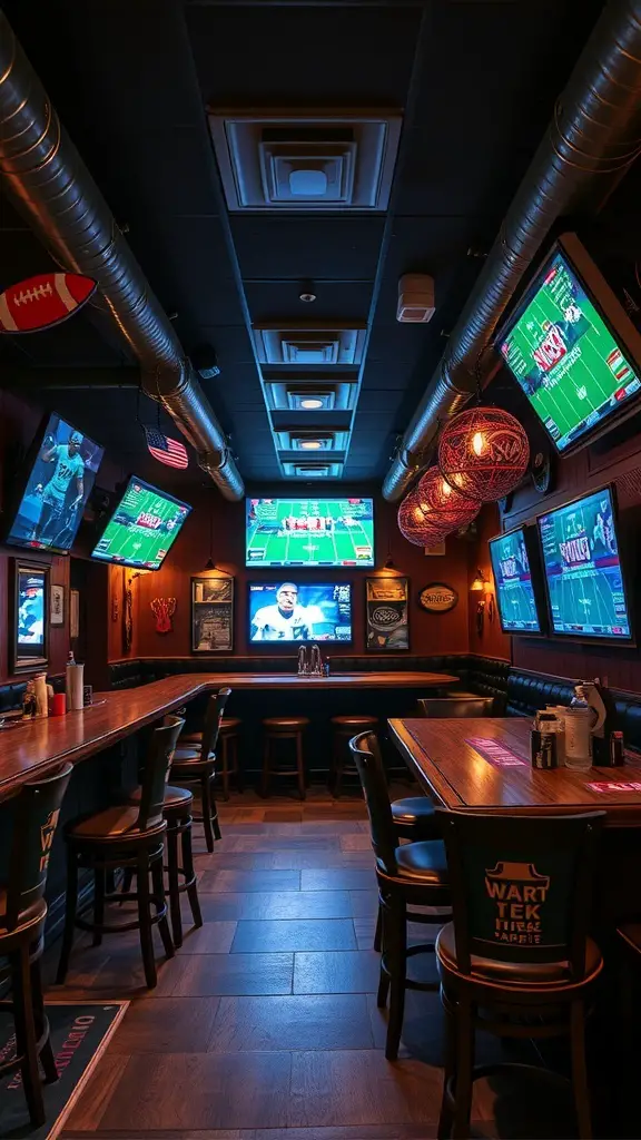 A cozy basement bar with multiple screens showing sports games, wooden furniture, and a warm atmosphere.