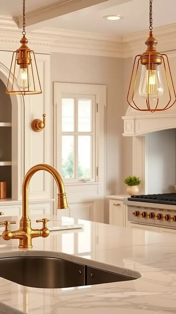 A cream kitchen featuring gold fixtures, including a faucet and pendant lights, creating a luxurious atmosphere.
